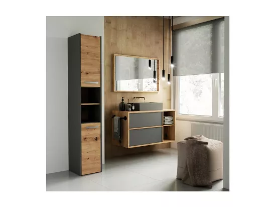 PISA - Armoire de salle de bains - 170x30x30 cm - Colonne de rangement SDB - Aspect bois