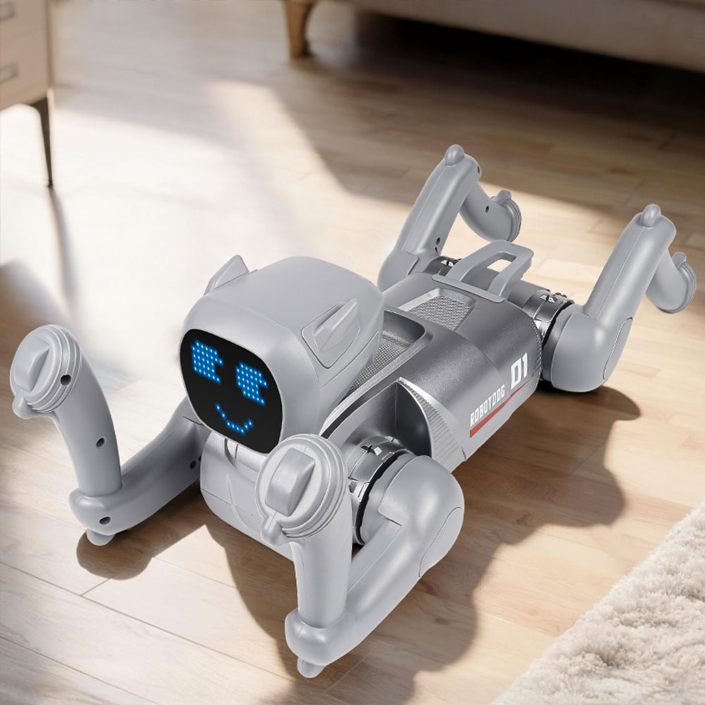 (31x24cm) Ferngesteuerter 2.4GHz Roboter Hund Kinder RC Spielzeug mit 360° Drehung / Sound Effekten / App Steuerung (Batteriebetrieben) - Grau