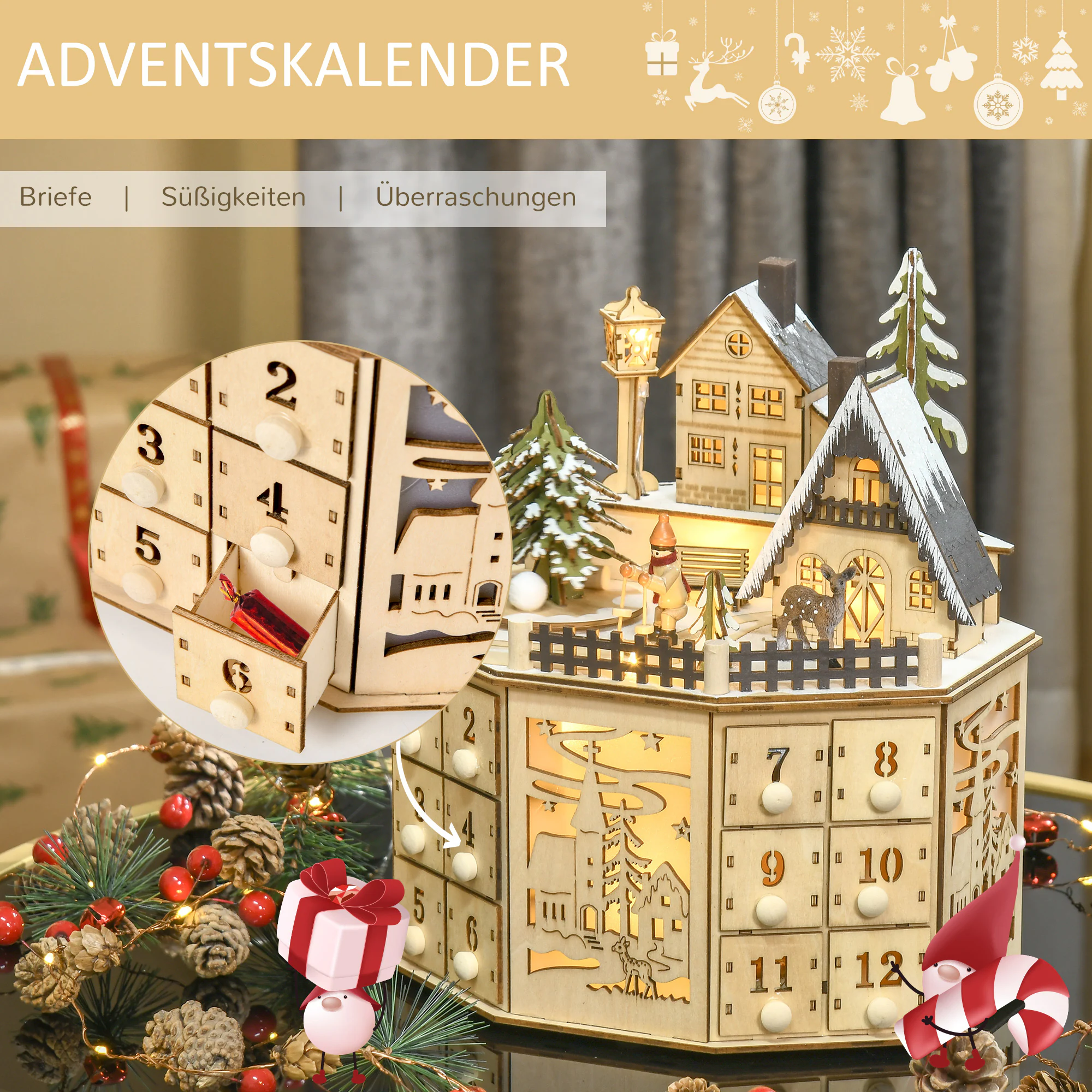 HOMCOM Adventskalender mit LED Lichtern und kleinem Dorf natur 25B x 20T x 29H cm