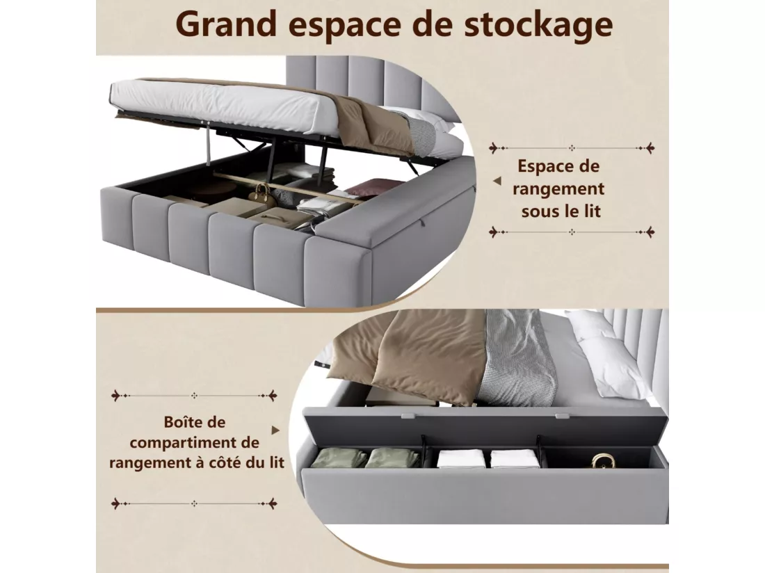 Lit coffre 160 x 200 cm avec tête de lit capitonnée - Velours Gris - cadre à lattes - lit 2 places avec banc de rangement sur le côté