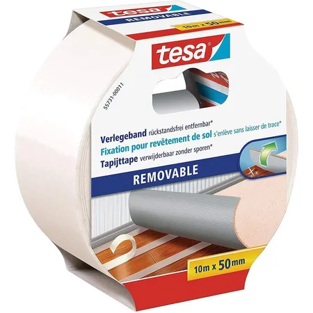 tesa Verlegeband rückstandsfrei entfernbar, Gewebeverstärkt, Doppelseitig, 10 m x 50 mm