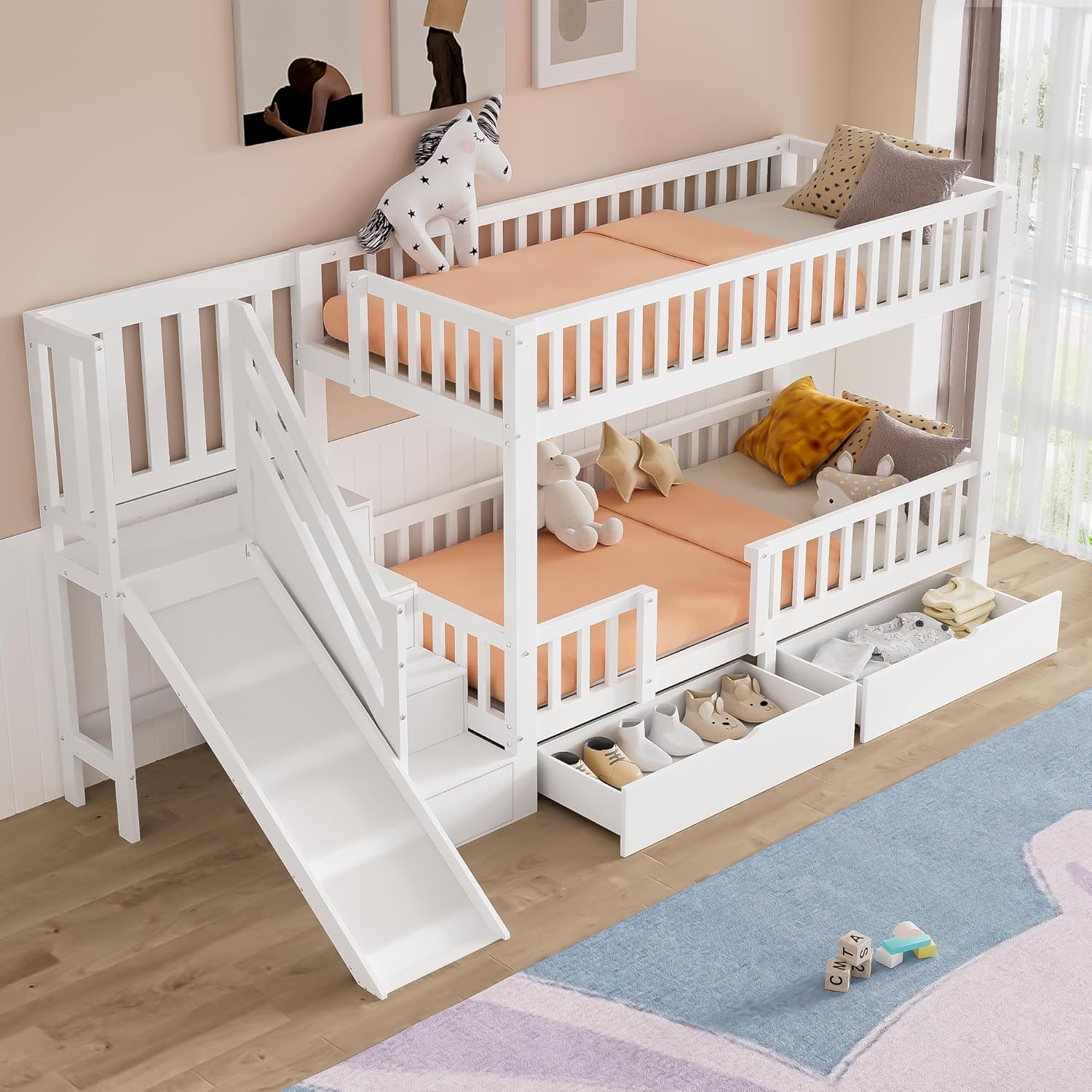 Hochbett 90×200,Etagenbett mit 2 Schubladen/Treppe, Jugendbett mit Lattenrost/Rausfallschutz/Stauraum, ohne matratze EH7759389