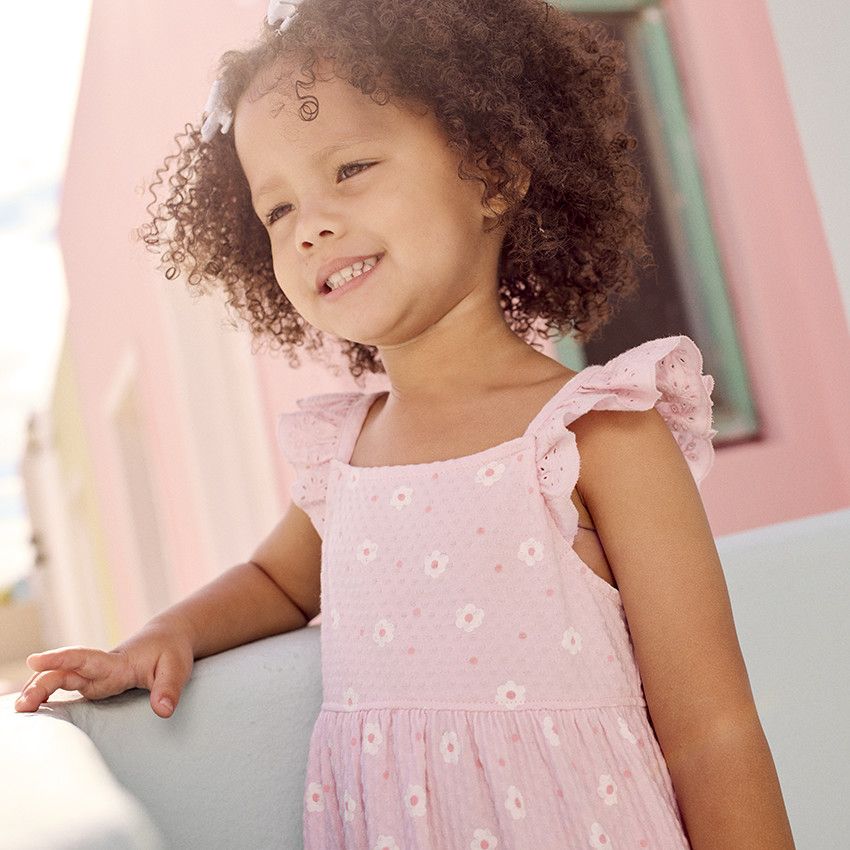 Robe manches courtes imprimée en maille cloquée pour bébé fille - Rose