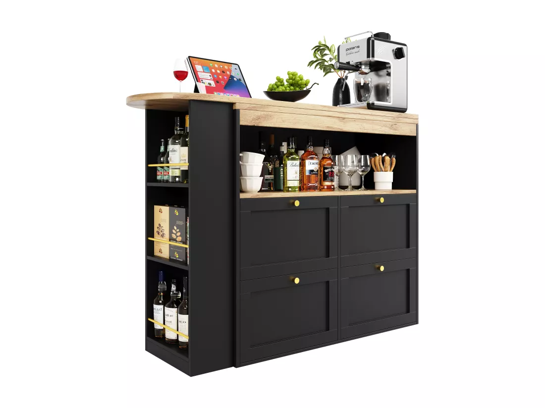 Meuble de bar pivotant - 4 tiroirs, 3 étagères de rangement & niche - MDF plateau effet bois - 138 cm/105x39x102 cm - Noir