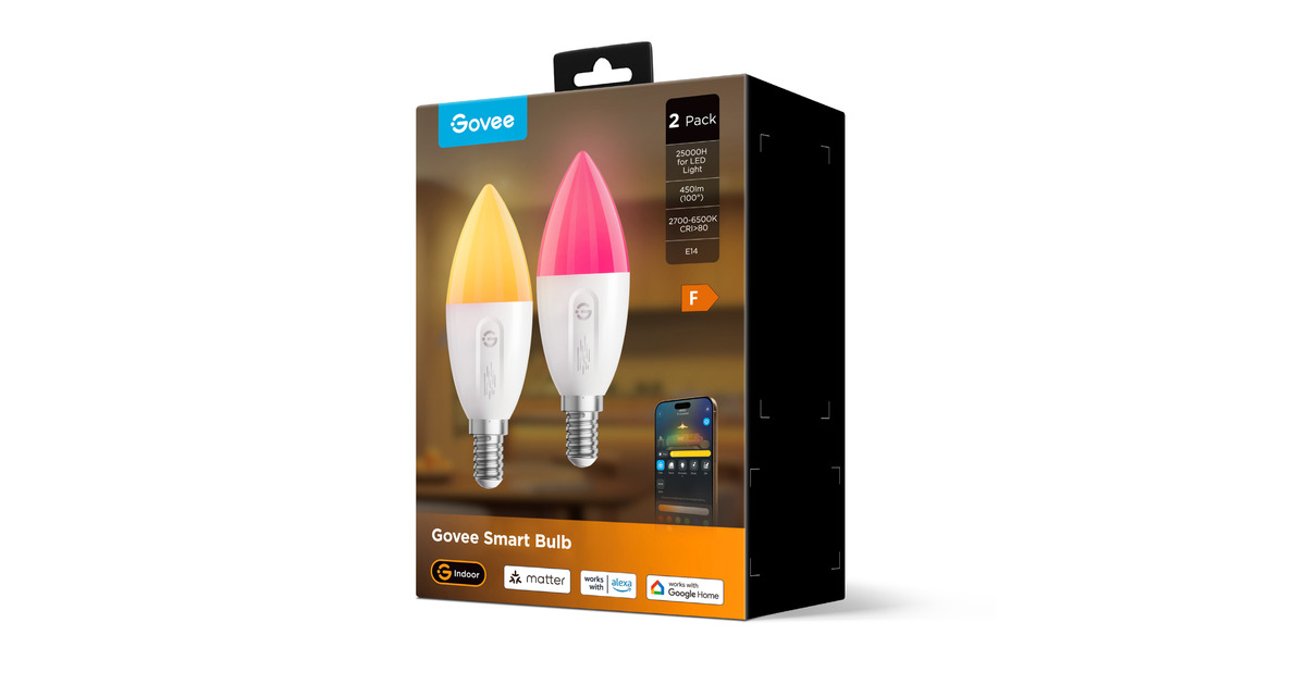 GoveeSlimme dimbare E14 ledlampen - 2-pack  (2.4GHz Wi-Fi + Bluetooth)
