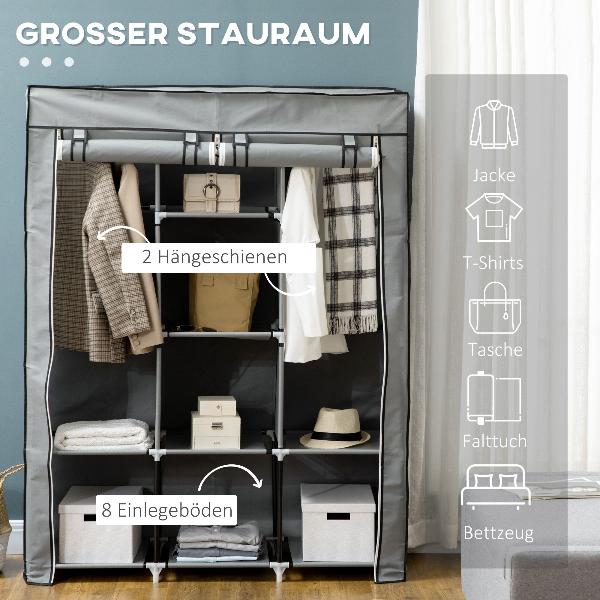 HOMCOM Stoffschrank mit Stoffschrank 125L x 43B x 162,5H cm