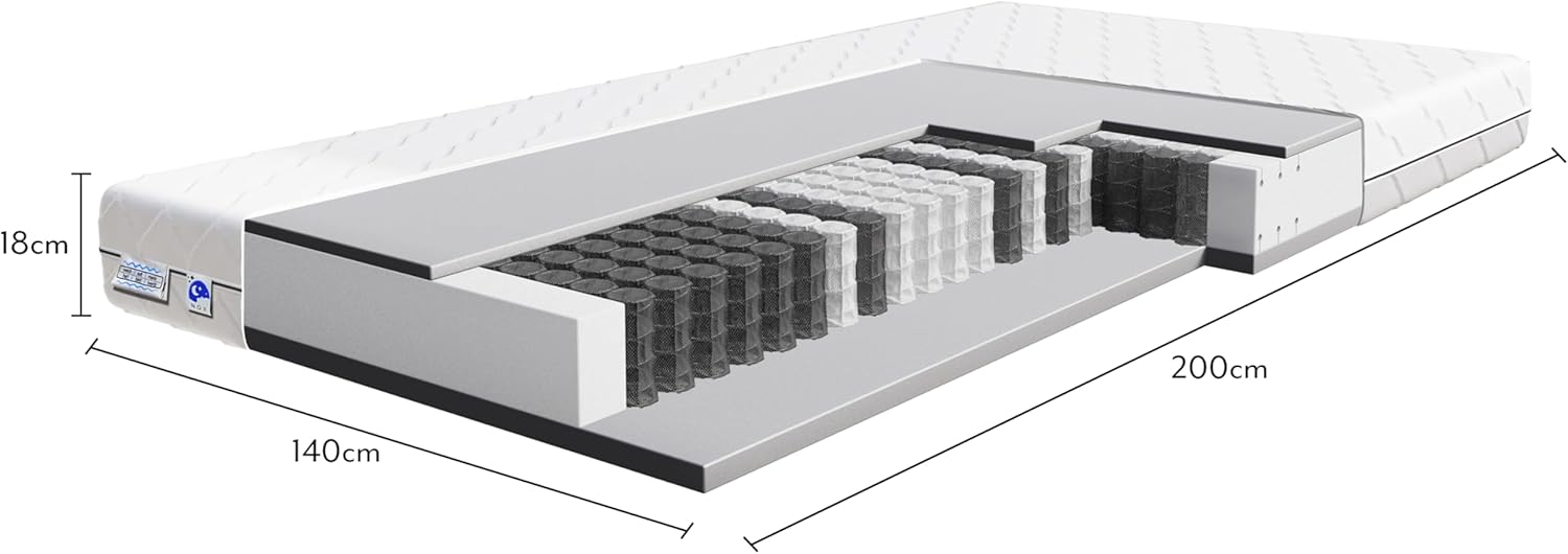TULENA NOX Taschenfederkern Matratze 140x200 Federkernmatratze H1 + H2 Basic 18cm hoch Probeschlafen Rollmatratze Wendematratze