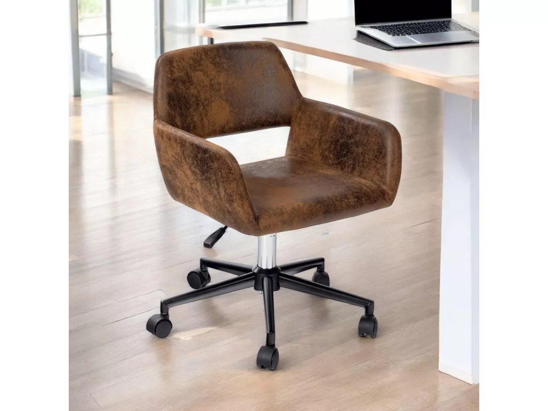Chaise de bureau rétro-daim-hauteur réglable-avec roulettes-convient au coin bureau, chambre à coucher-marron