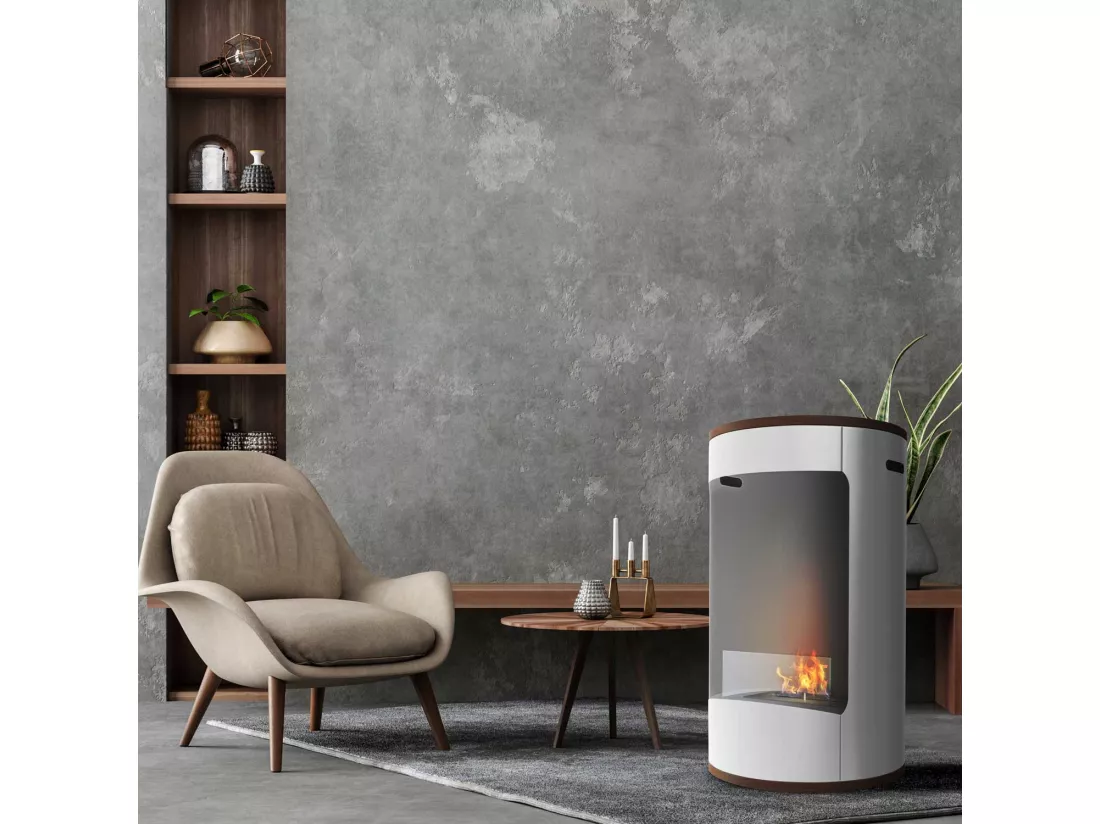 Ottaviano - Cheminée au bioéthanol de sol avec double étagère en bois mélaminé, ø 40xH67,5 cm couleur blanc