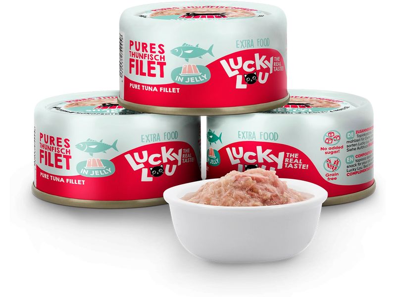 Lucky Lou Extra Food Thunfischfilet in Gelée, 70 g Ergänzungsfuttermitteldose für ausgewachsene Katzen