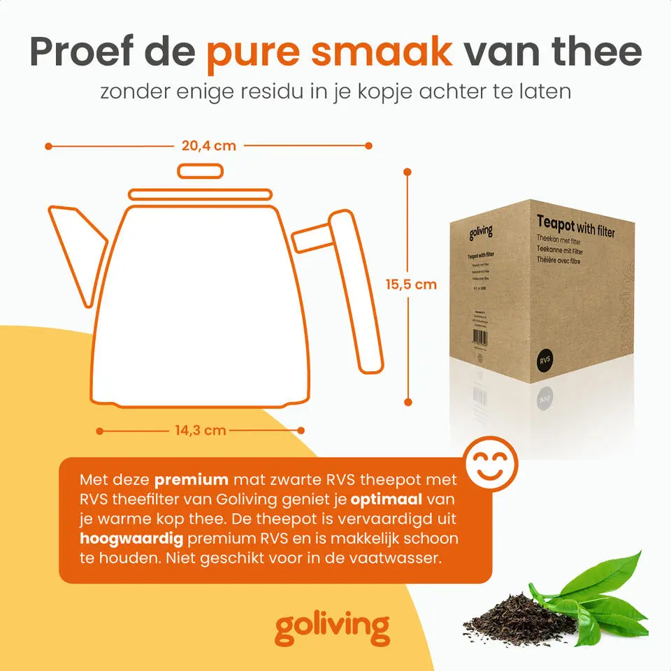 Goliving Theekan met Filter - 1 Liter - Zwart