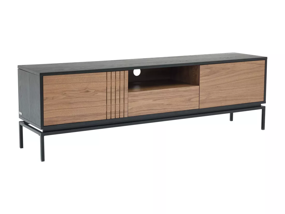 Meuble TV avec 2 portes, 1 tiroir et 1 niche placage noyer et métal - Naturel foncé et Noir - ZINORI