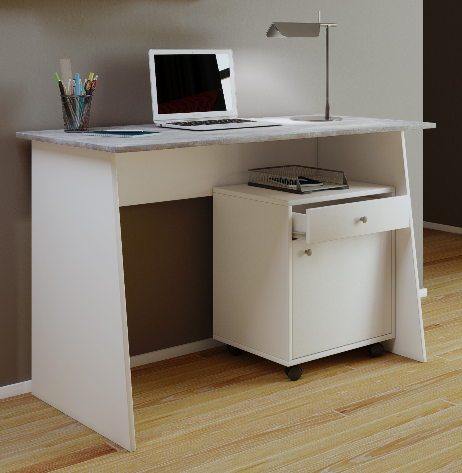 Schreibtisch MASOLA MAXI - weiß-Beton-Optik - 110 cm