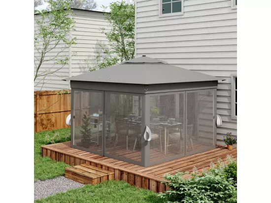 Tonnelle Portable 3 x 3 m, Pop-up, avec LED solaire, 4 rideaux, double toit, hauteur réglable, sac de rangement avec roues