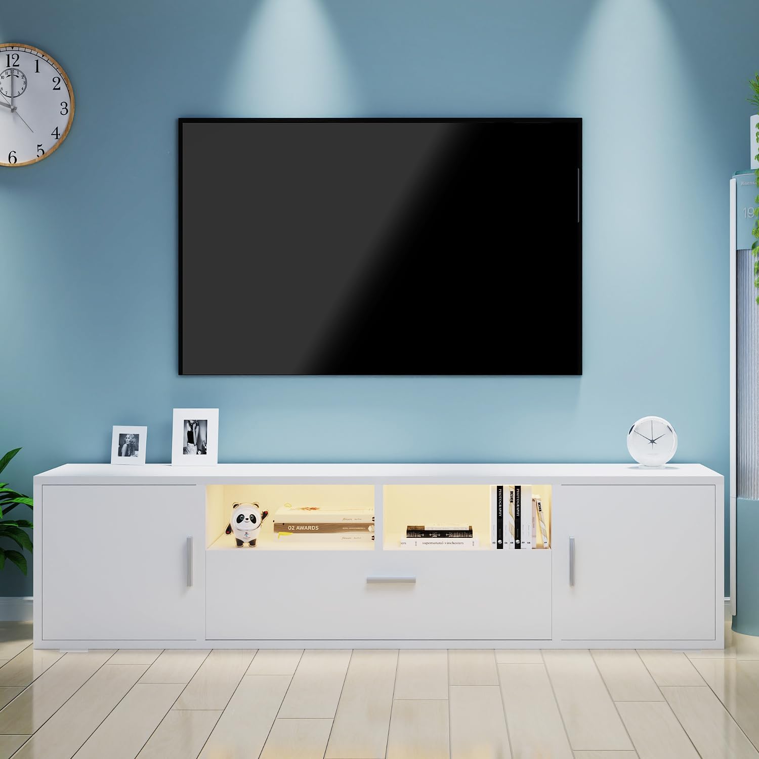 TV-Schrank LED, TV Lowboard mit Großem Stauraum, Fernsehtisch mit RGB LED-Beleuchtung, TV Board für Wohnzimmer Schlafzimmer, Weiß 160x 35 x 40 cm