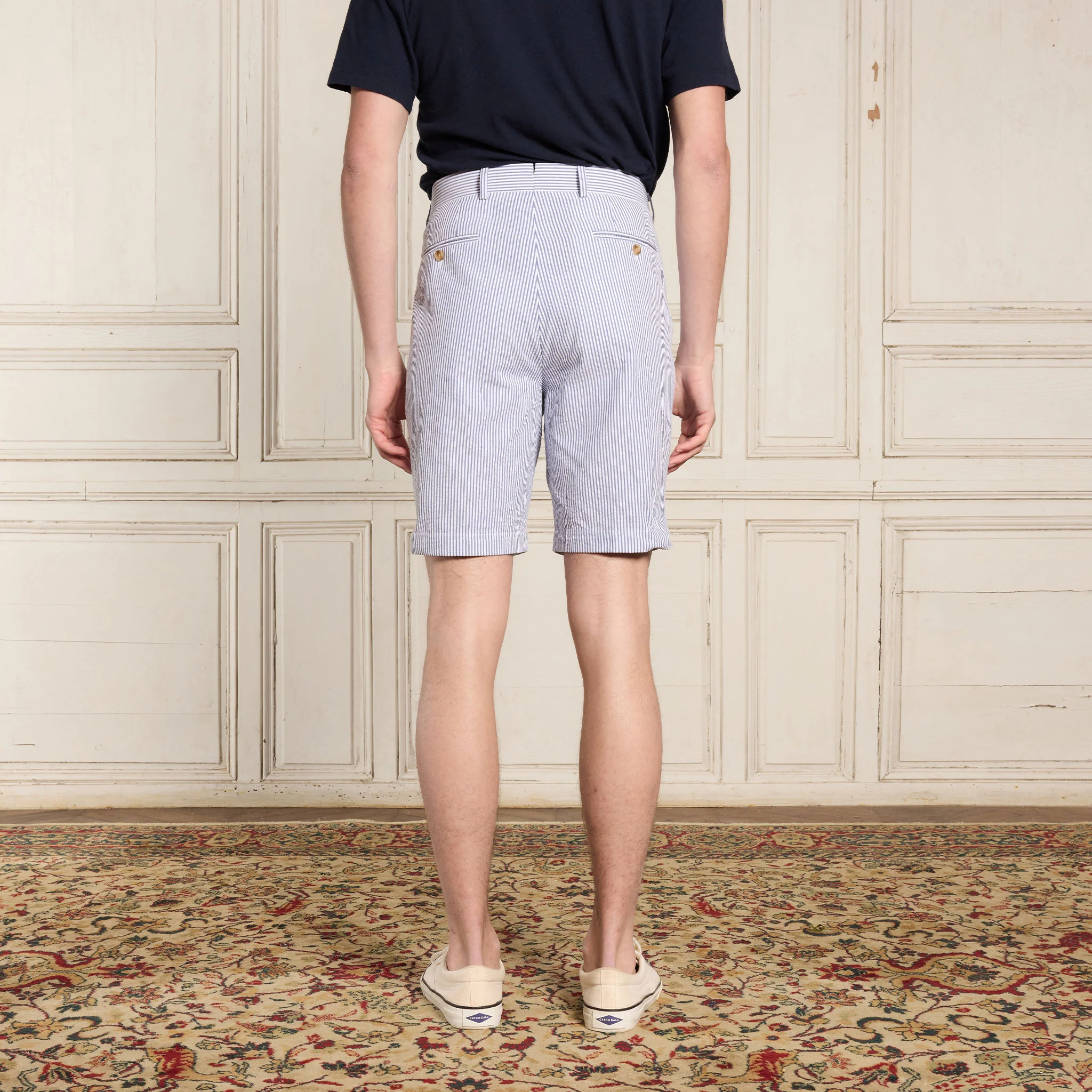 Blue Striped Seersucker Double Pleated Shorts