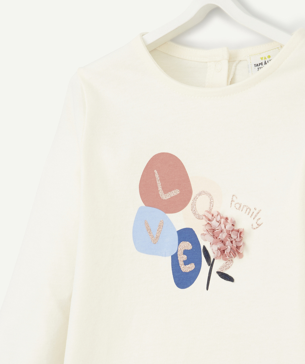 T-SHIRT BÉBÉ FILLE EN COTON BIO AVEC MESSAGELOVE ET FLEUR RELIEF