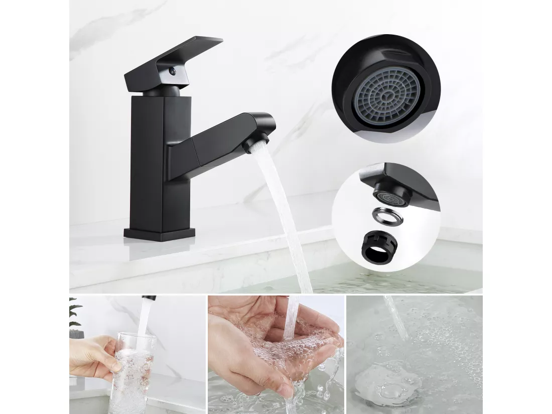 2pcs Mitigeur Lavabo avec Douchette Extractible Robinet Salle De Bain avec 2 Fonctions Robinetterie Mitigeur Eau Chaude Froide pour WC, Noir