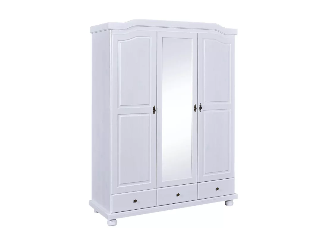 NEDER - Armoire 3 Portes Avec Penderie Bois Massif Vernis Blanc