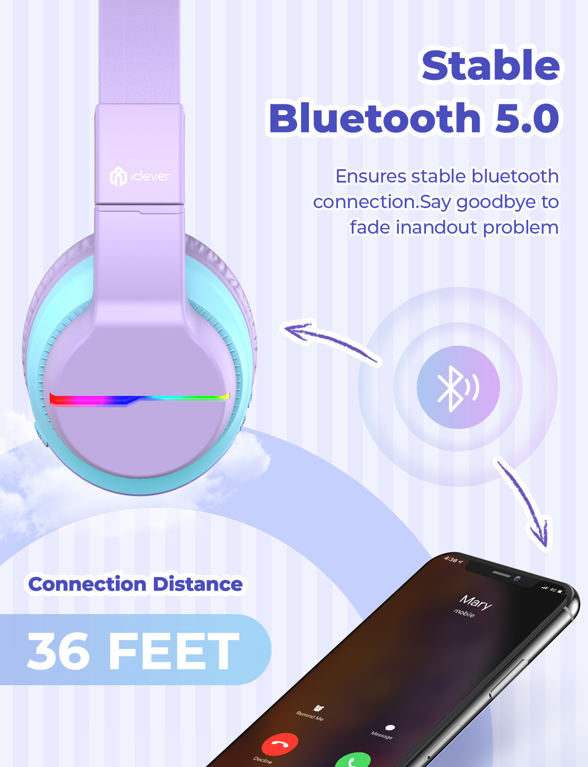 Headphone Kids BT LED Bluetooth Kopfhörer On-Ear 74/85/94dB Lautstärkeeinstellungen (C03-1702N-11) - Lila