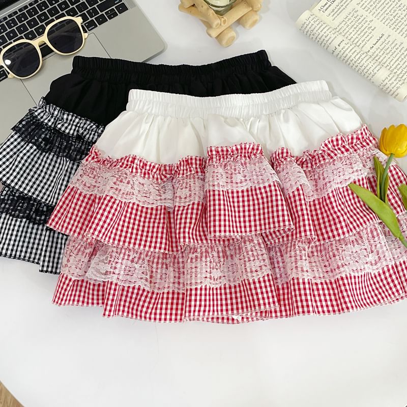 Iasia - Mini A-lijn rok met elastische taille en ruitjeskant