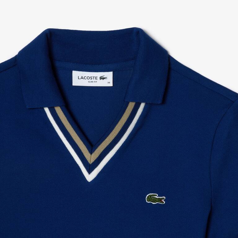 Polo slim fit col V en petit piqué extensible Manches Longues - Bleu - Lacoste - Femme
