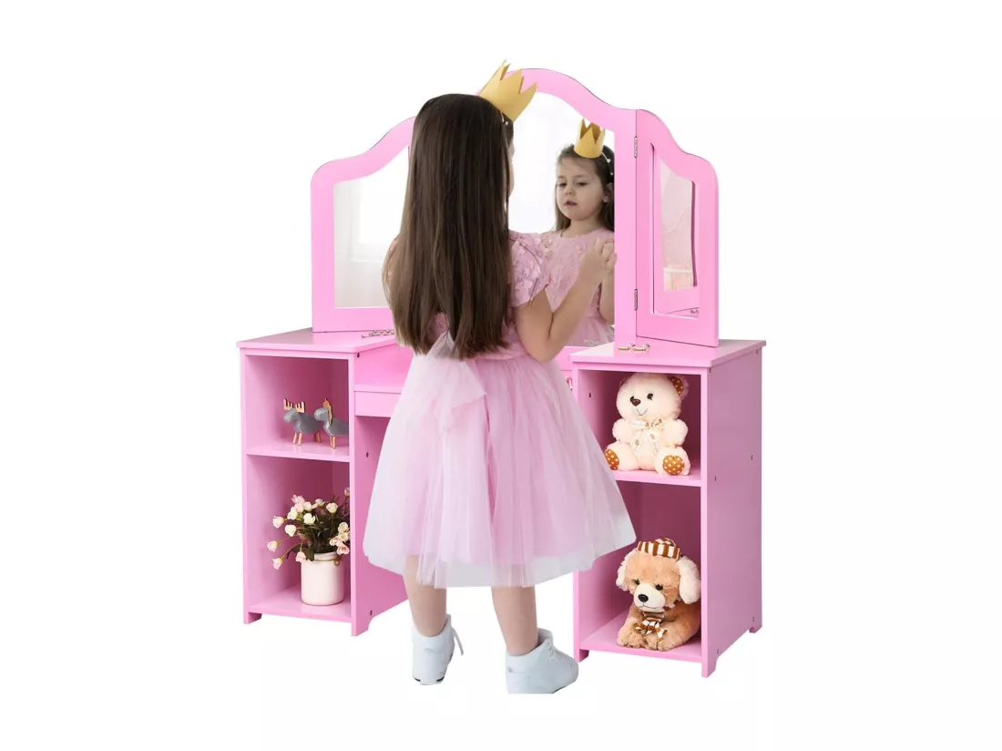 Coiffeuse pour Enfants 2 en 1 avec Miroir Amovible, Bureau Enfant avec 4 Étagères de Style Princesse pour Filles, Rose