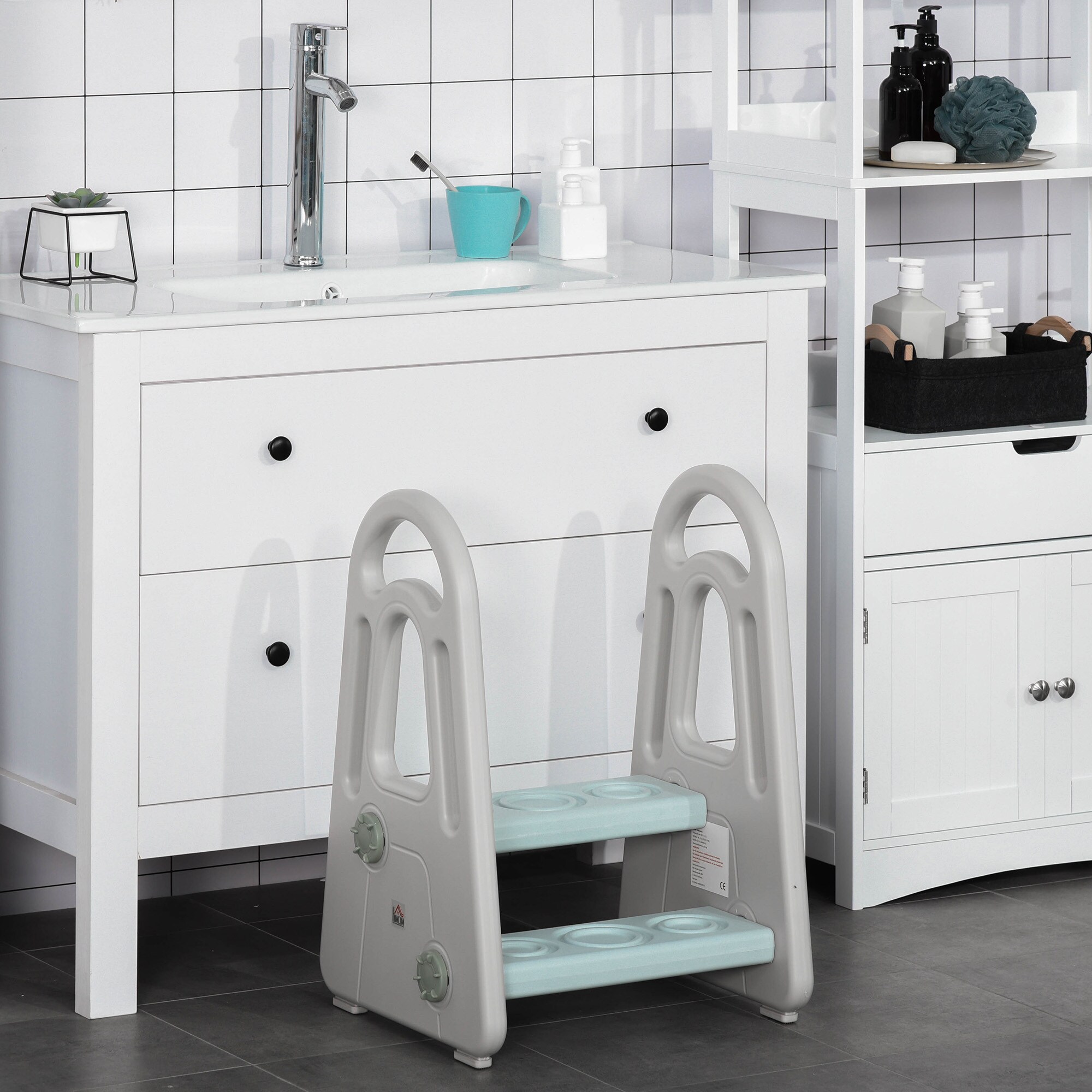 HOMCOM Kinder-Tritt mit rutschfesten Gummi-Füßen Blau, Grau 43,5 x 38,5 x 61 cm (LxBxH)