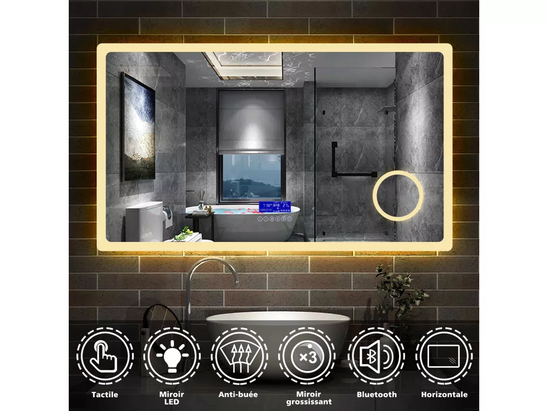 Miroir salle de bain 120x70cm LED réglable+antibuée+Bluetooth+Horloge+grossissant Aica