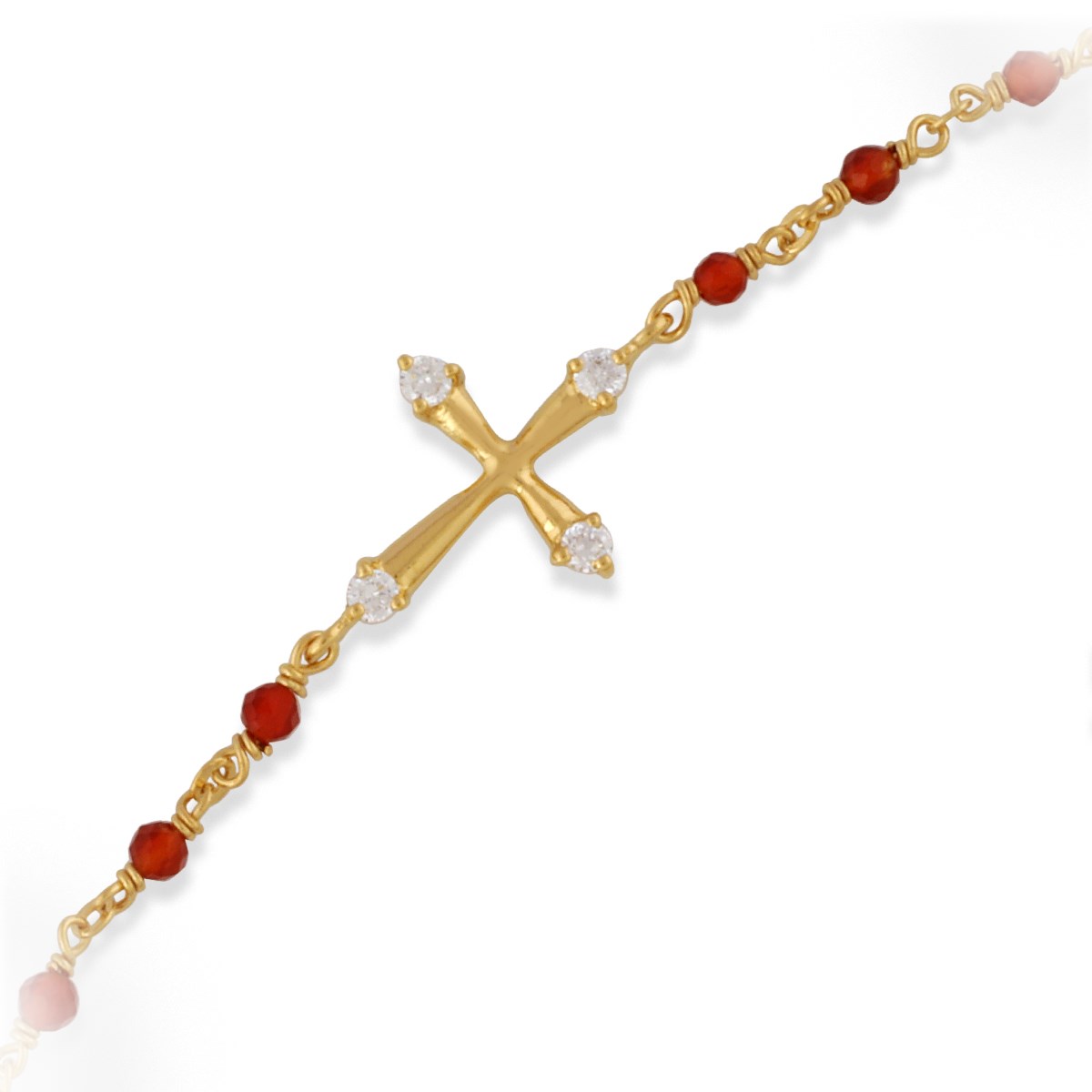 Bracelet En Argent Doré Croix Pierres Naturelles Rouges
