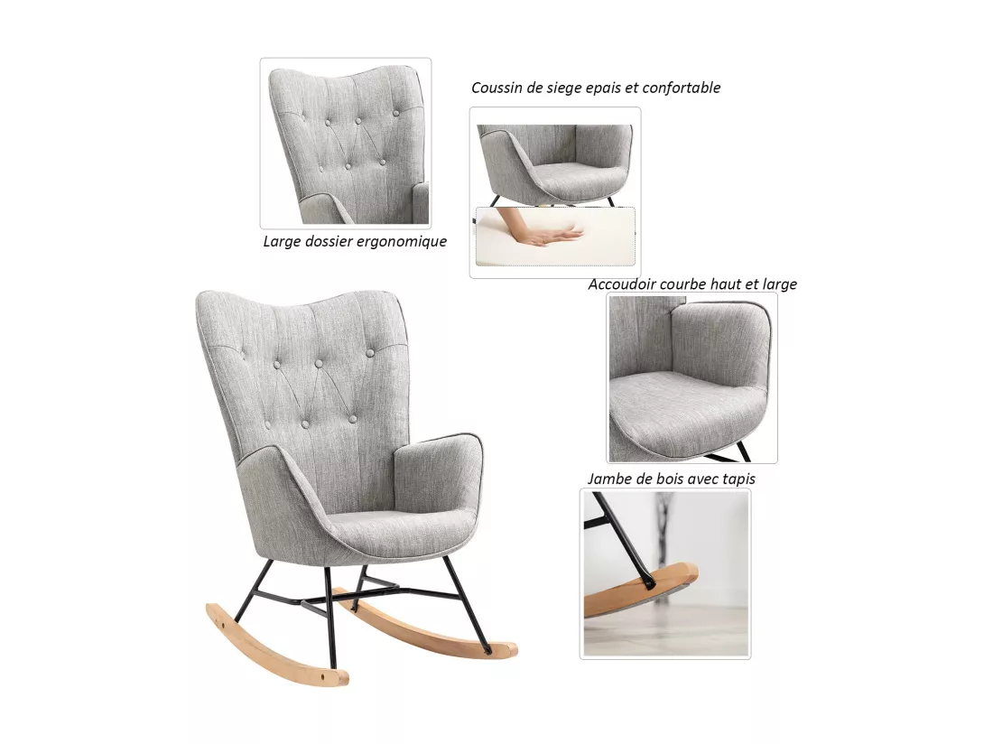 MEUBLES COSY Fauteuil à Bascule Allaitement Rocking Chair Scandinave Chaise Loisir Revêtement en Tissu avec Pieds en Bois Massif pour Salon, Chambre, Le balcon, Gris Clair