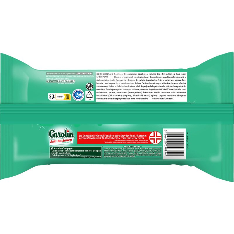 Lingettes nettoyantes extra-larges Carolin anti-bactérien - Arbre à thé - Paquet de 80