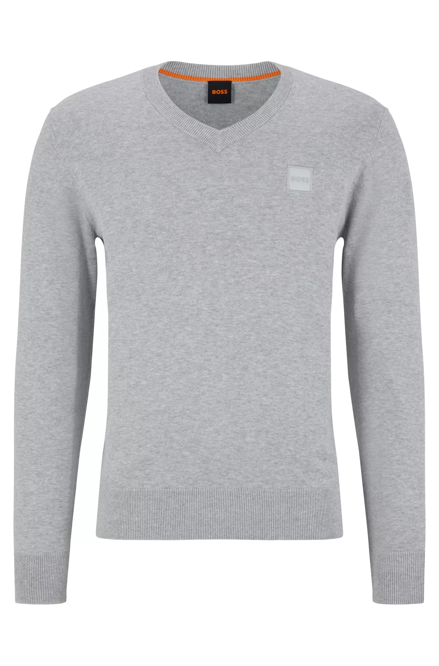 Suéter BOSS laranja de algodão e cashmere, corte regular, com etiqueta com o logotipo.