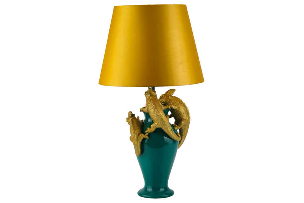 Handgefertigte Tischlampe CHAMELEON 55cm grün gold Skulptur gelber Stoffschirm