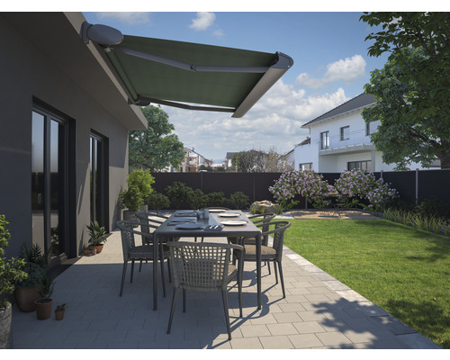 Cassettescherm Positano 5,5x3,5, doek antraciet (REC-164), frame RAL 7016 antracietgrijs, inclusief motor met noodhandzwengel en afstandsbediening