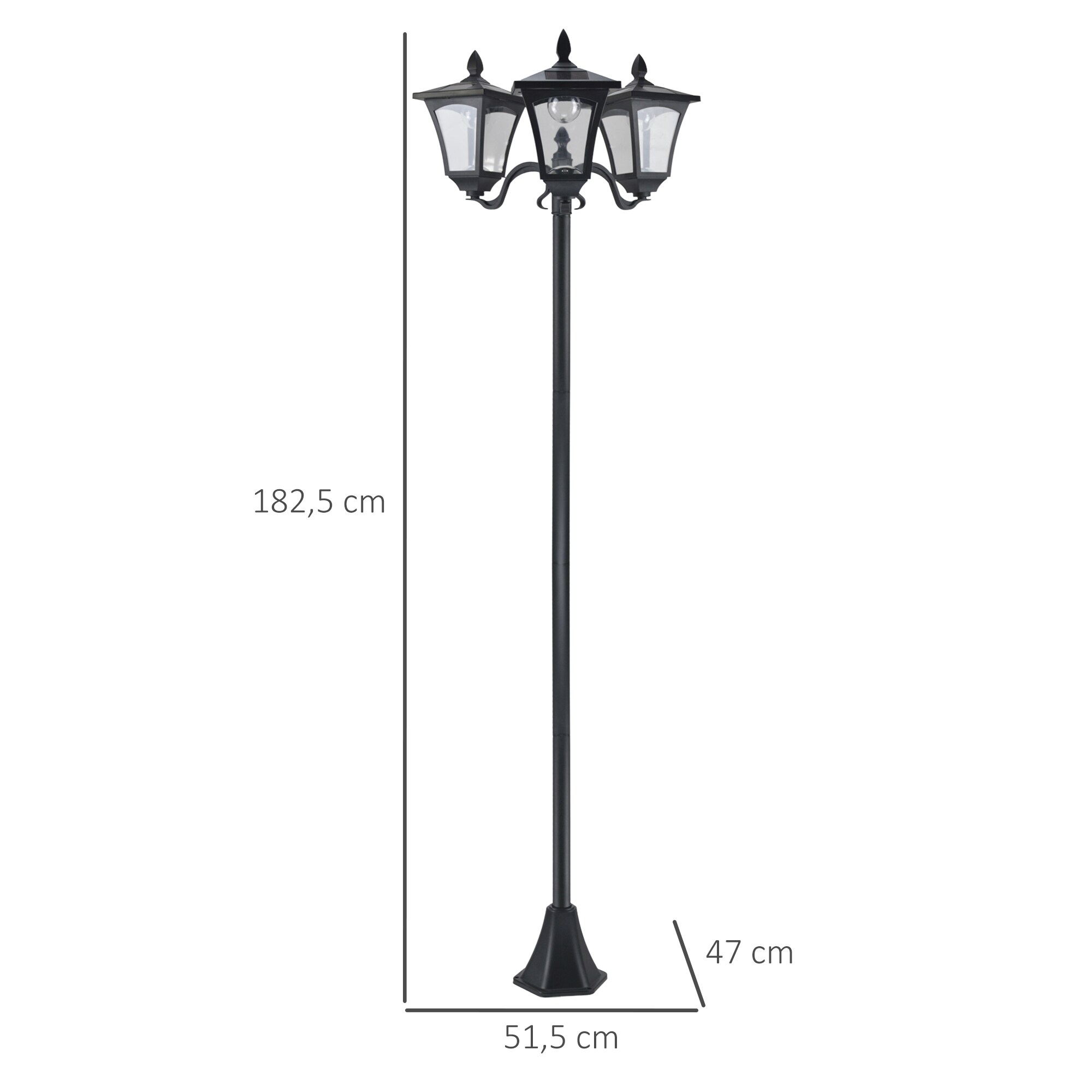 Outsunny Solar Gartenleuchte mit 3 Lampen schwarz 51,5L x 47B x 182,5H cm