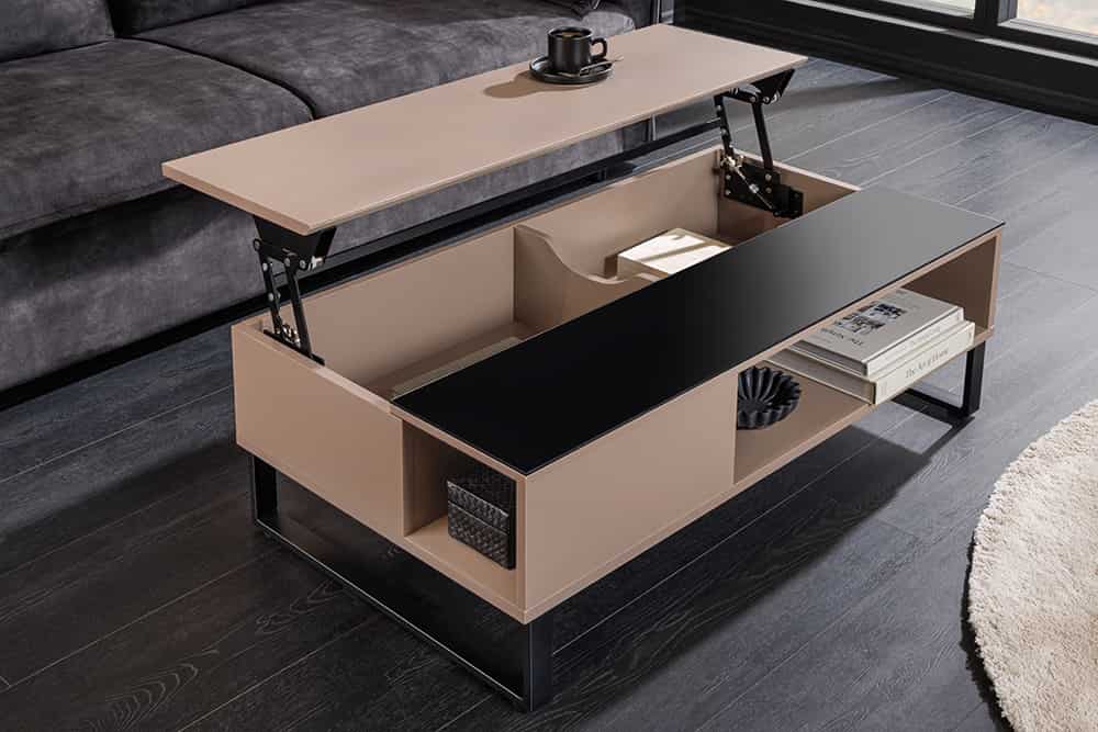 Höhenverstellbarer Couchtisch APARTMENT 110cm taupe greige schwarz Metall Stauraum