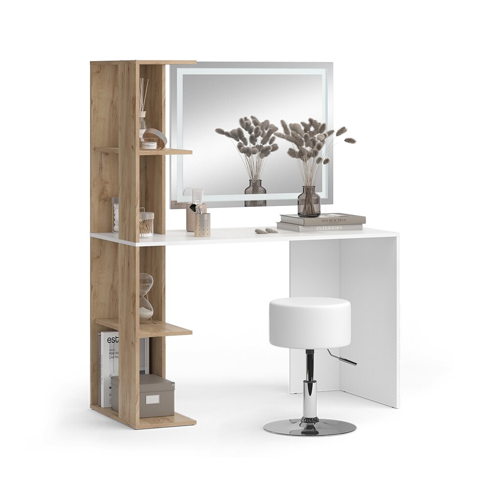 Vicco Schminktisch Tower Weiß Sonoma 122 x 55 cm mit LED-Spiegel und Hocker