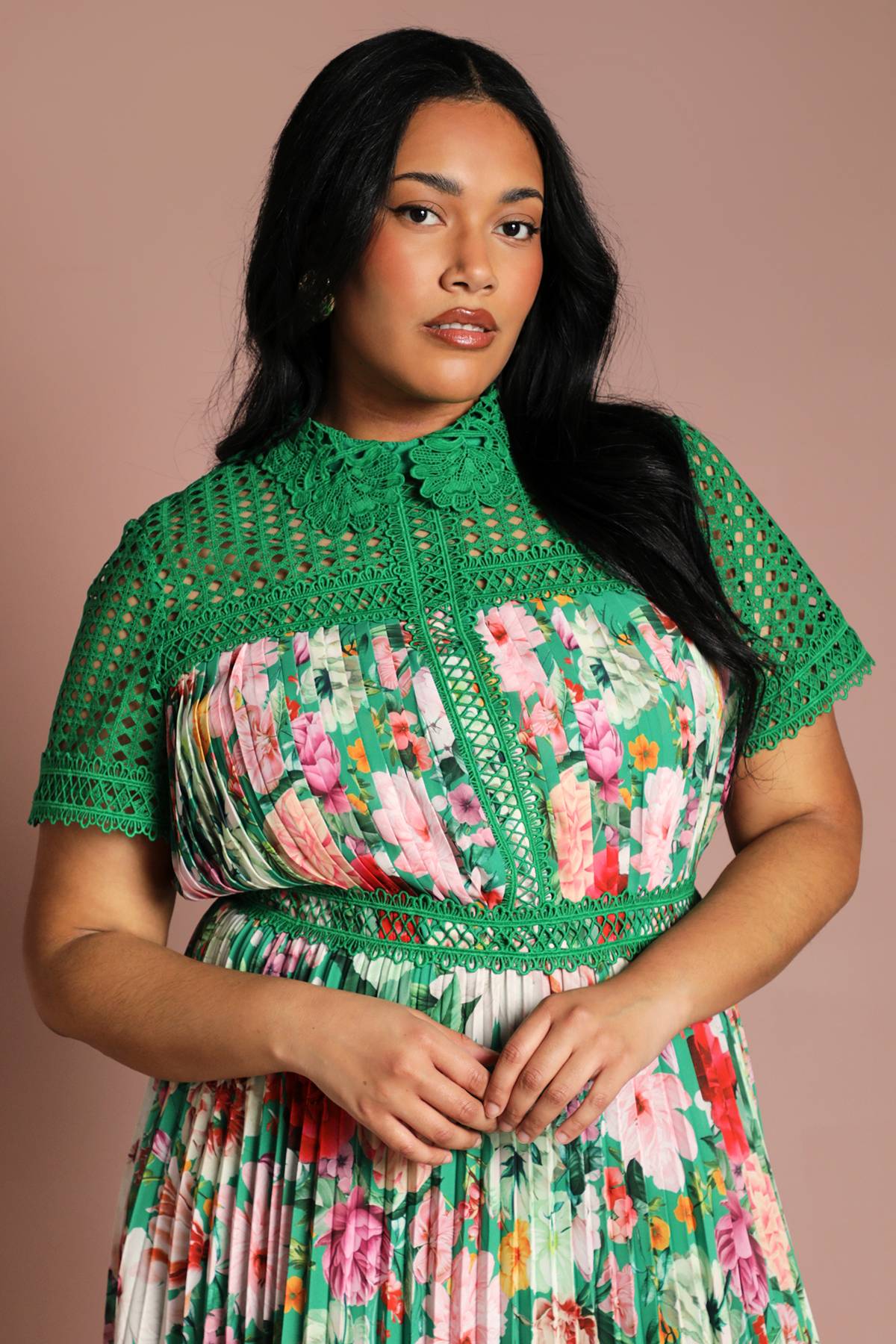 Coast Robe Midi Grande Taille À Dentelle Plissée Et Imprimé Placé