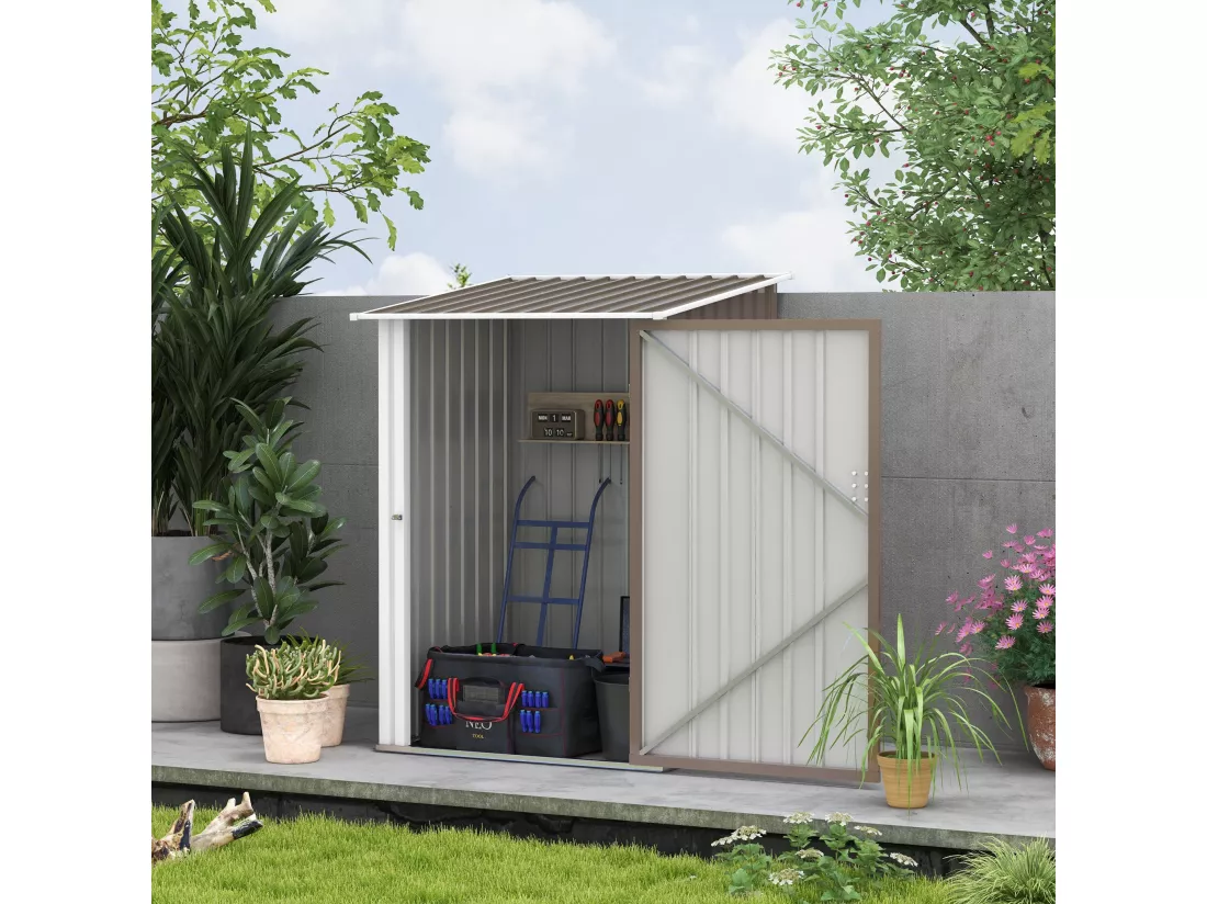 Abri de jardin - remise pour outils - cabanon porte verrouillable - dim. 1L x 1,03l x 1,6H m - tôle d'acier ondulée taupe