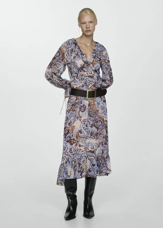 MANGO Paisley dress with ruffles Medium blue