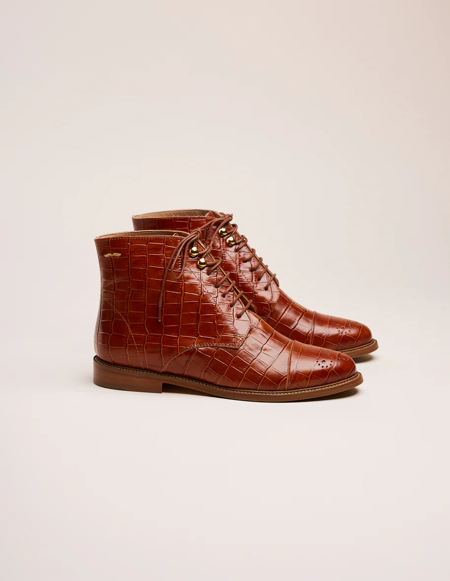 Bottines à lacets Lucienne - Cuir croco cognac