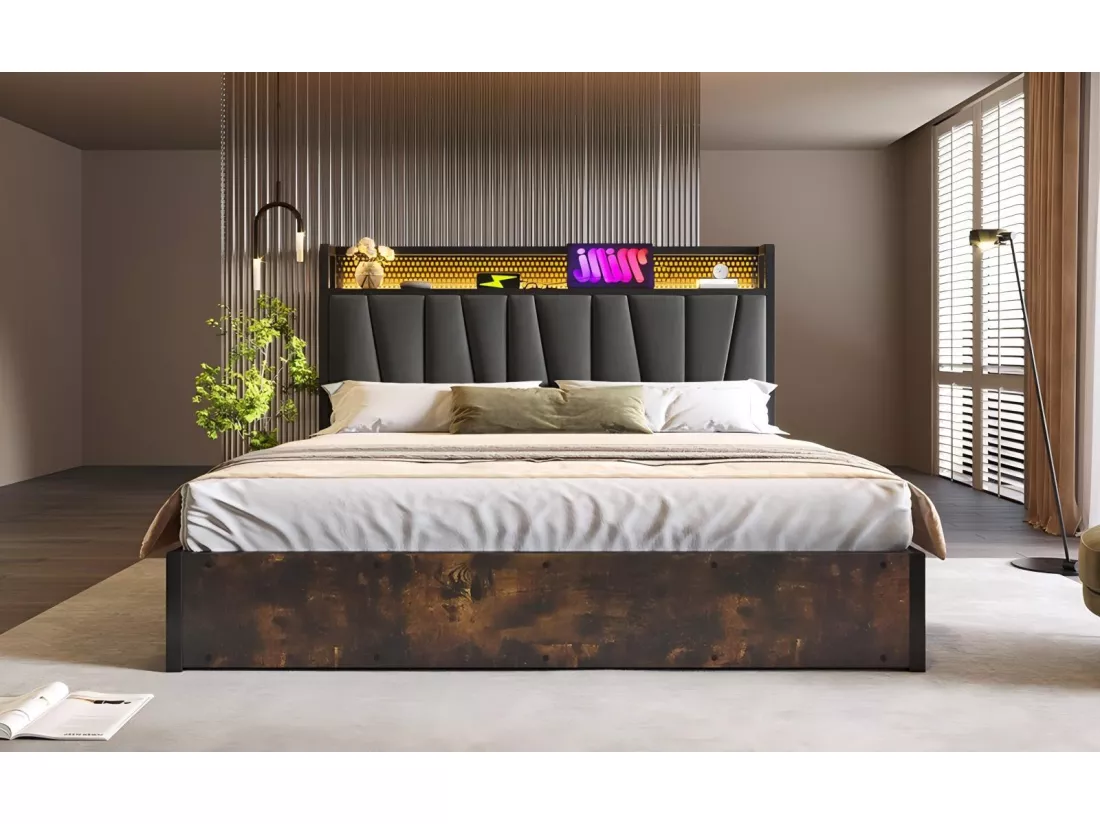 Lit double coffre 160x200cm+ matelas, avec LED et ports de charge USB, App contrôle, Gris