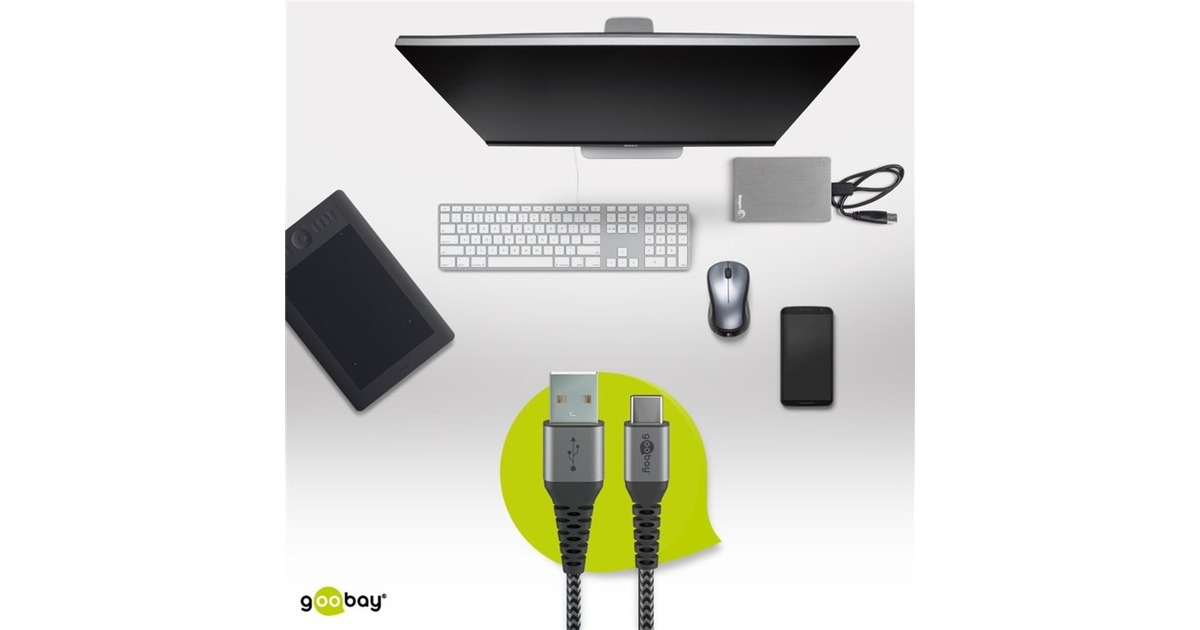 goobayUSB-C > USB-A textielkabel met metalen aansluitingen  (Grijs/zilver, 1 meter)