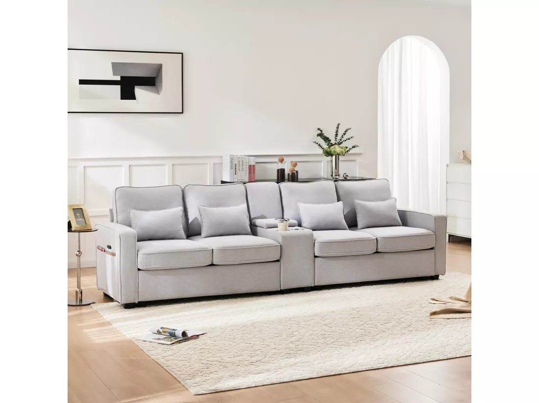 Canapé 4 places en tissu lin - avec 4 oreillers 2 ports USB et porte-gobelets - poches d'accoudoir - 290x83x88cm, Gris
