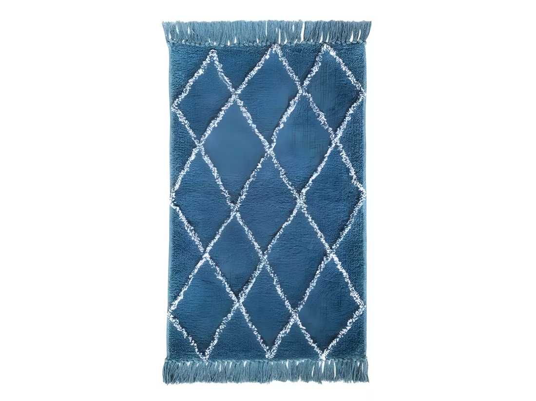 Tapis de bain 50 x 90 cm coton bleu style berbère à franges - FLUFFY