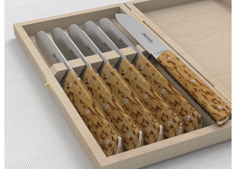 Service de 6 couteaux de table avec un manche en bois de bouleau et lame en acier inoxydable