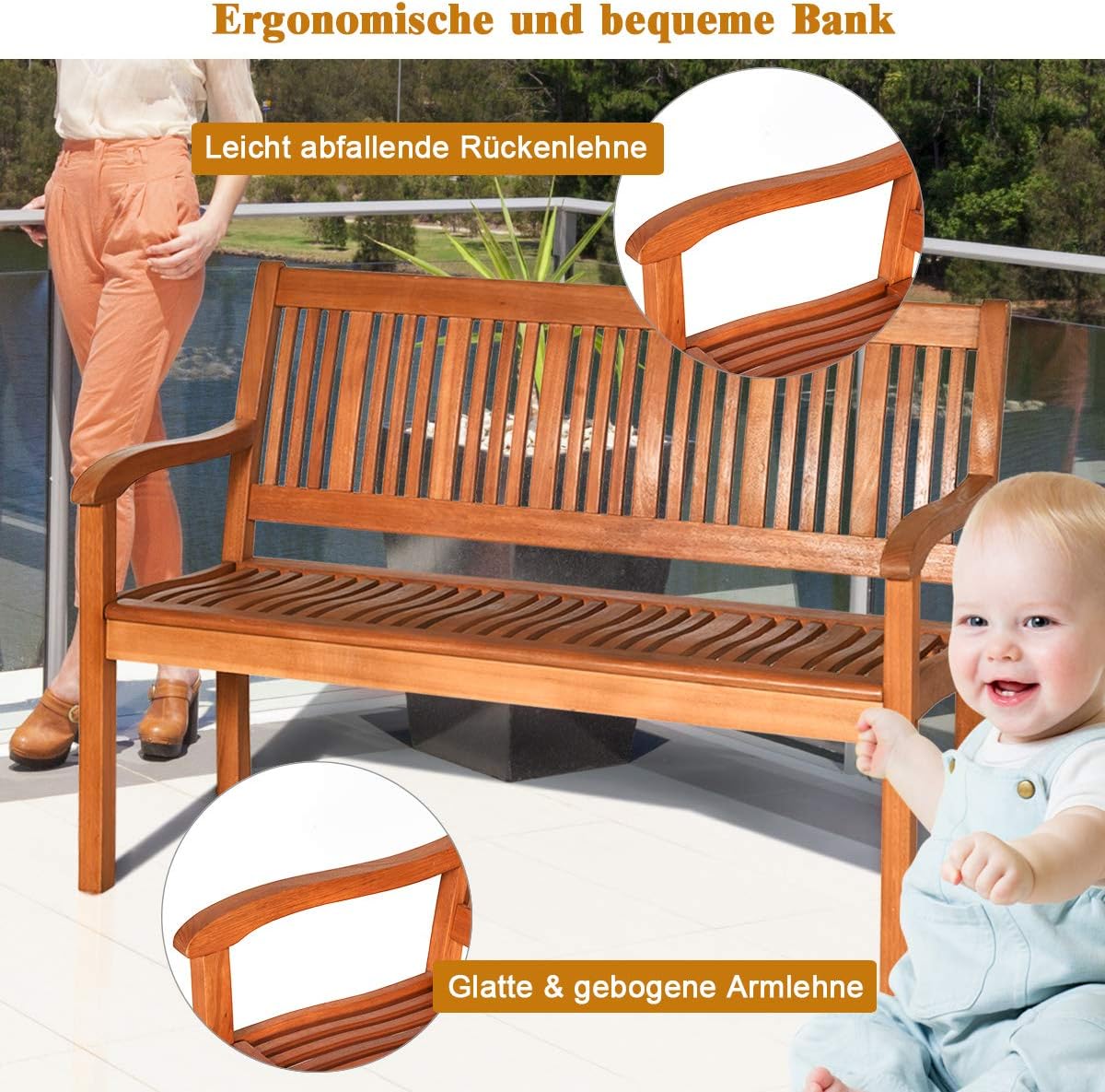 Balkonbank Holz, Holzbank wetterfest, Sitzbank für 2-3 Sitzer, Gartenbank aus Eukalyptus bis 320 kg belastbar, Parkbank für Terrasse, Balkon, Garten, 126 x 63 x 91 cm, Natur