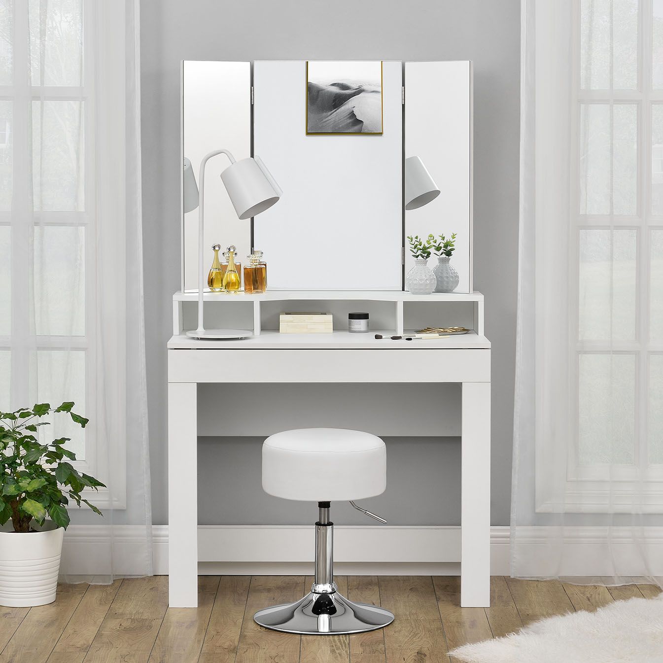 Juskys Schminktisch Hocker Tonia rund Ø 33 cm, höhenverstellbar 49 - 64 cm, Kunstlederüberzug Weiß