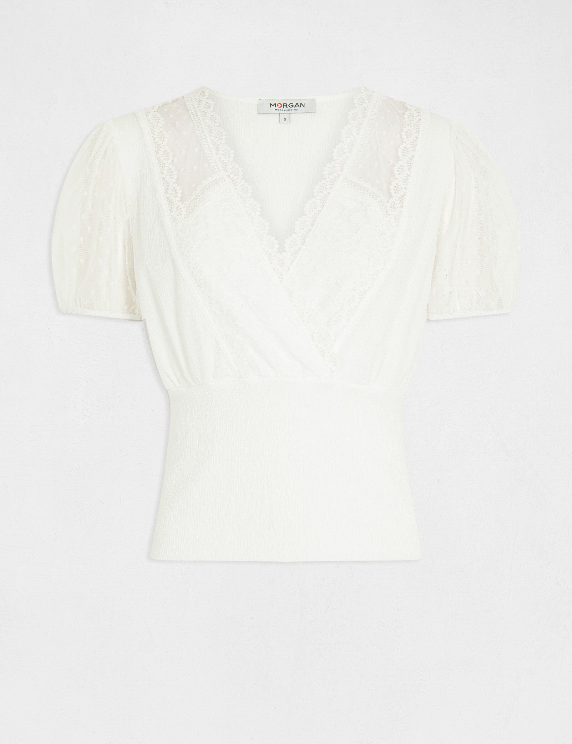 T-shirt manches courtes à dentelle ecru femme - ecru